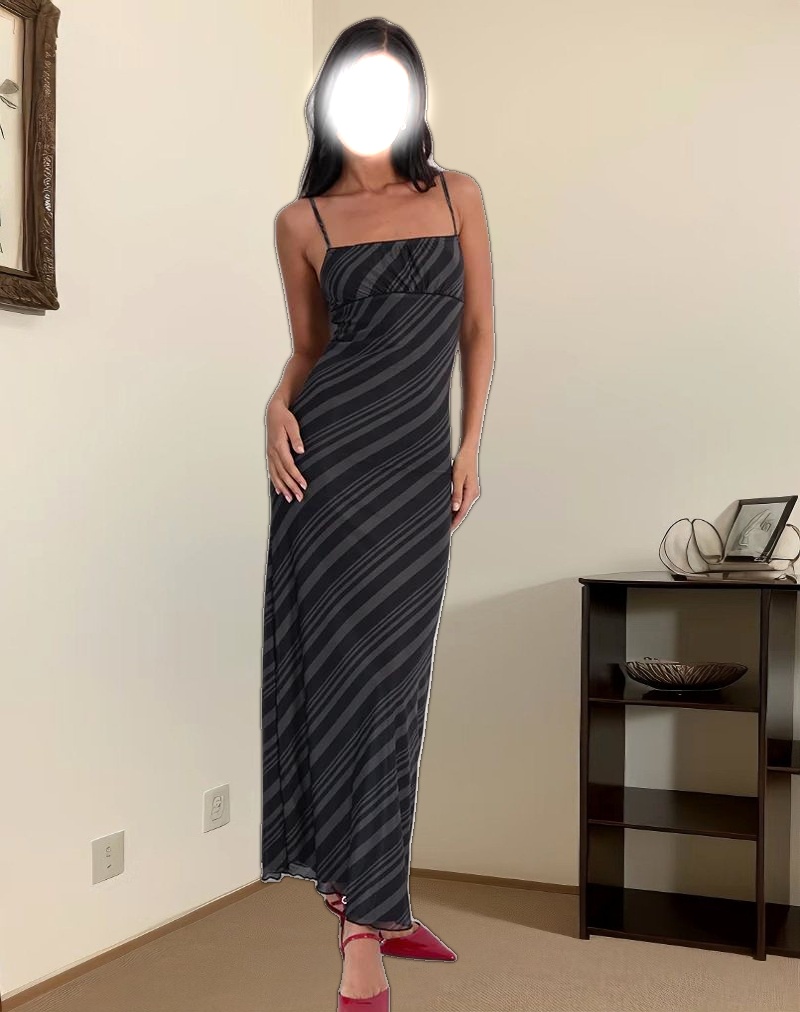 Darsih Maxi Dress in Irregular Stripe Grey Black