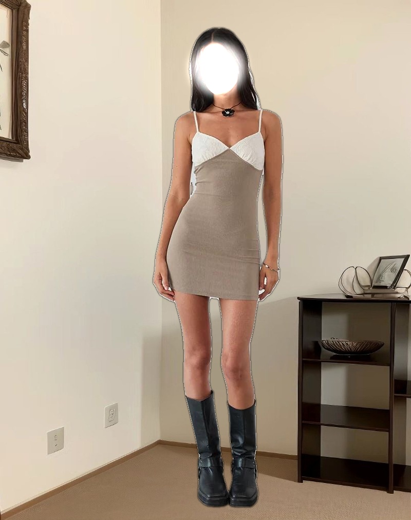 Dalsher Mini Dress in Ivory Brown Crochet Lace Mix