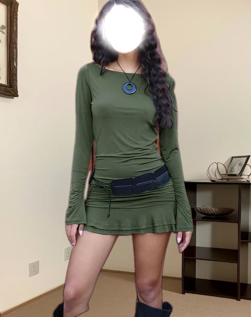 Gillian Long Sleeve Mini Dress in Slinky Khaki