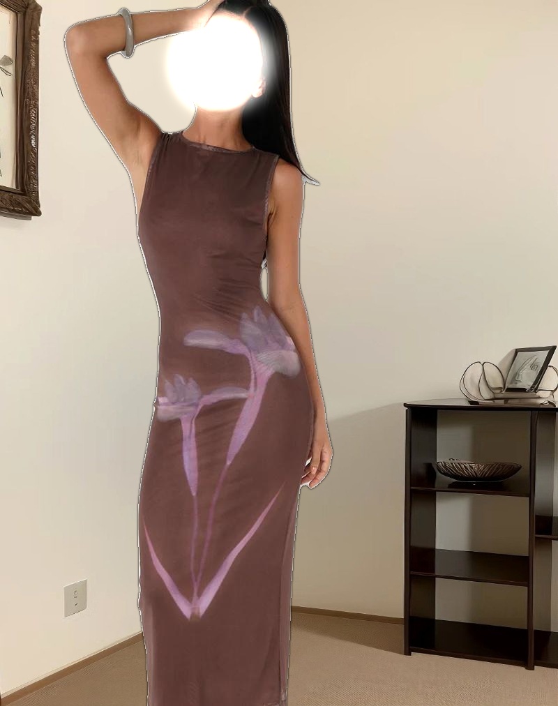 Fayola Maxi Dress in Blurred Floral Print Brown