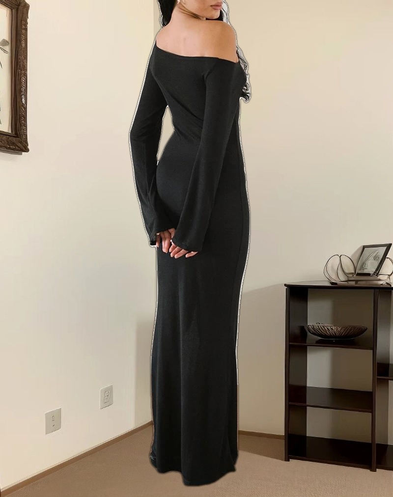 Aldiana Long Sleeve Asymmetric Maxi Dress in Sheer Knit Black