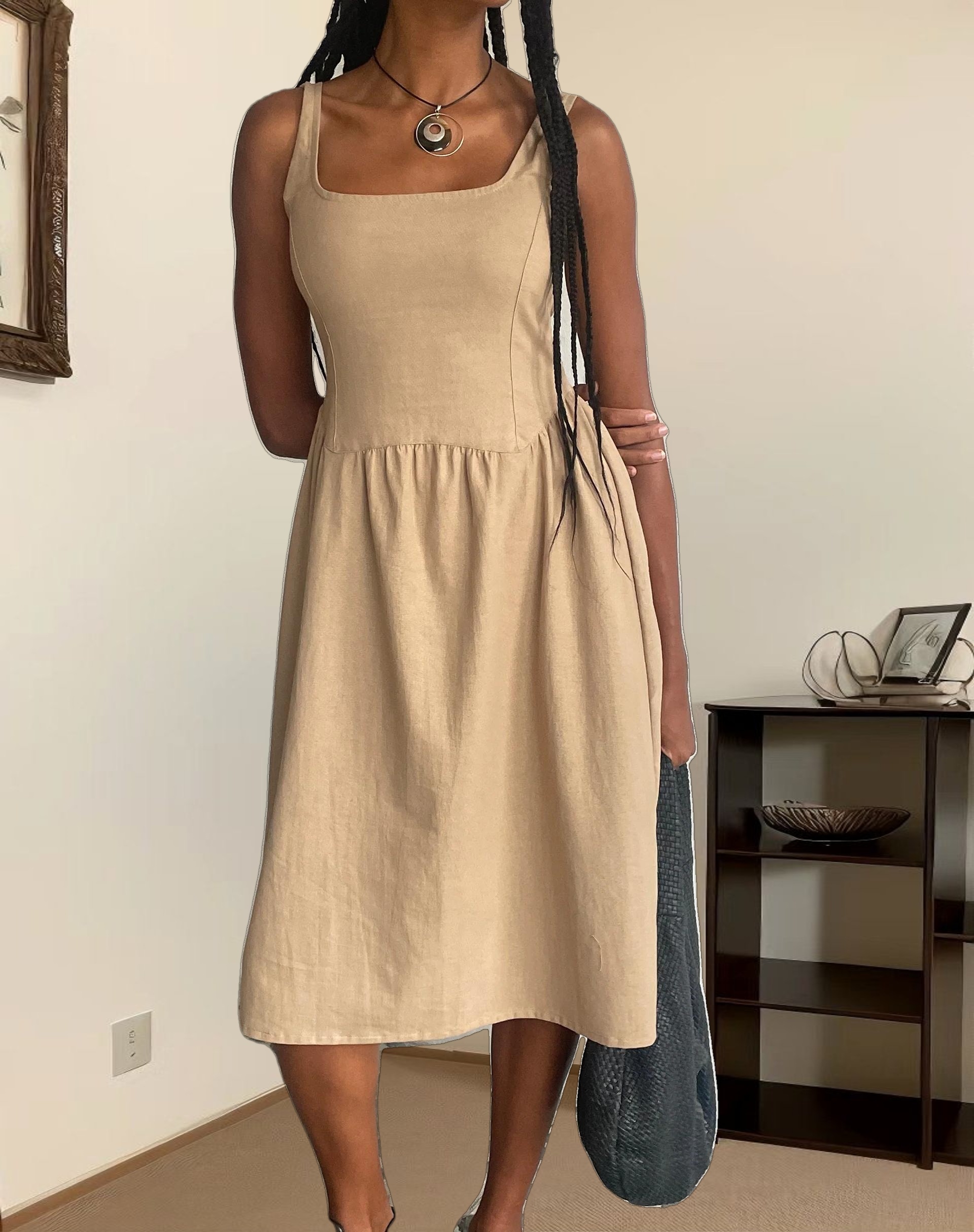 MOTEL X JACQUIE Pelove Drop Waist Midi Dress in Light Taupe