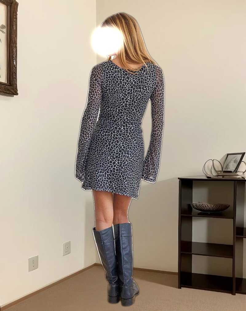 Sartika A Line Mini Dress in Giraffe Black and Cream