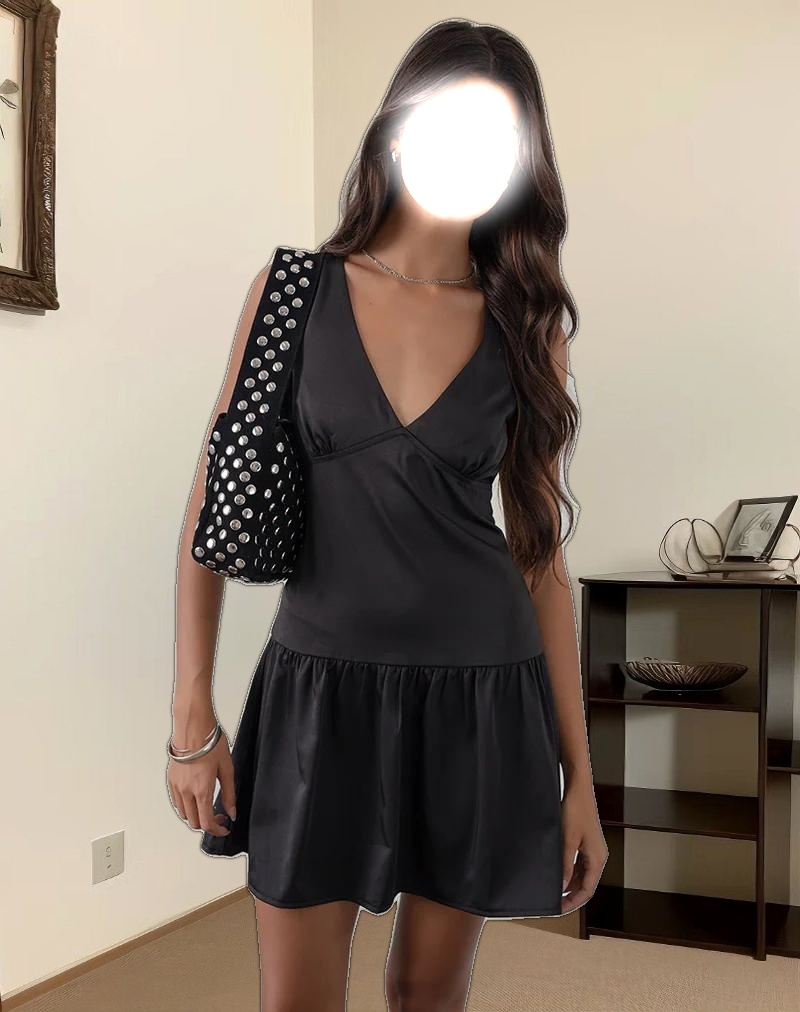 Distia Plunge Puff Mini Dress in Black