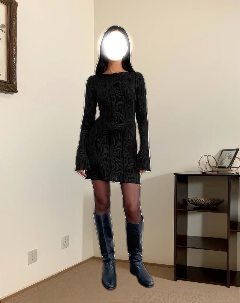 Sevila Long Sleeve Mini Dress in Crinkle Black