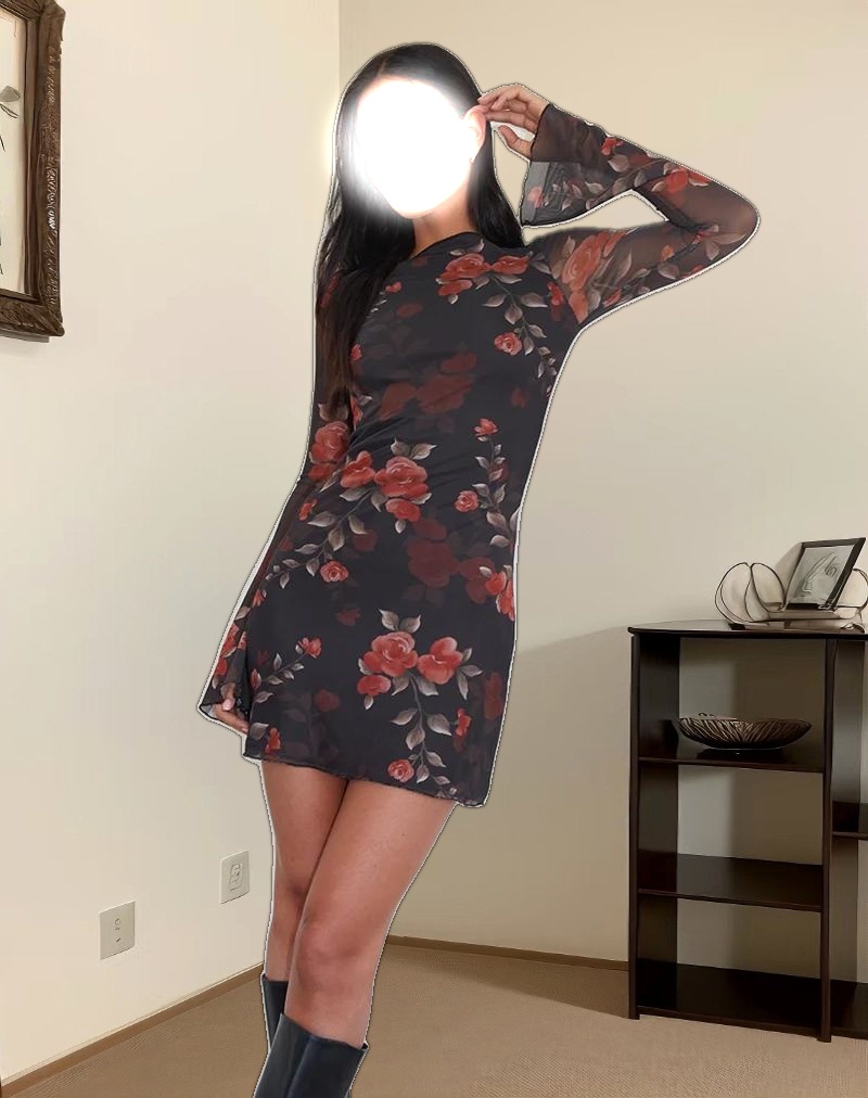 Sevila Long Sleeve Mini Dress in Black Watercolour Rose