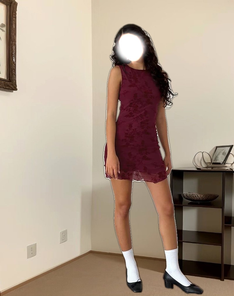 Renata Mini Dress in Flocked Botanical Flower Maroon