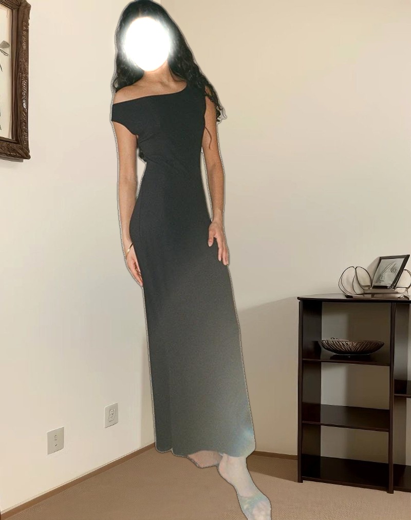 Ardita Asymmetrical Rib Knit Maxi Dress in Black