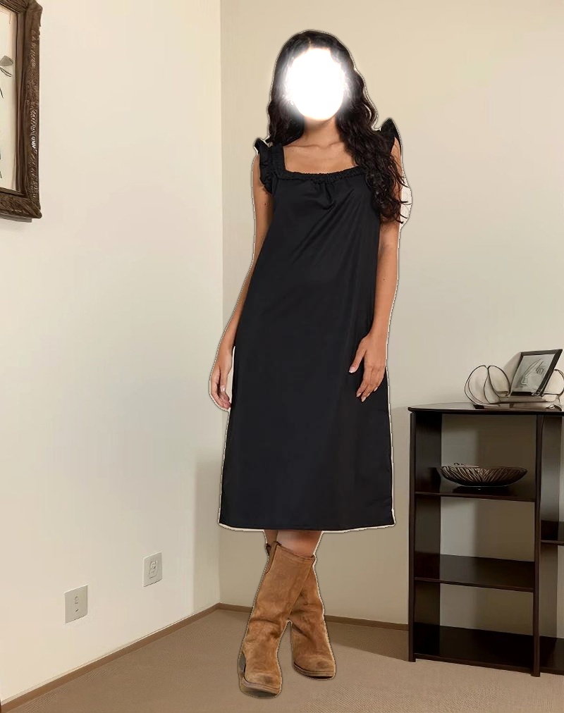 Merrily Smock Midi Dress in Poplin Black