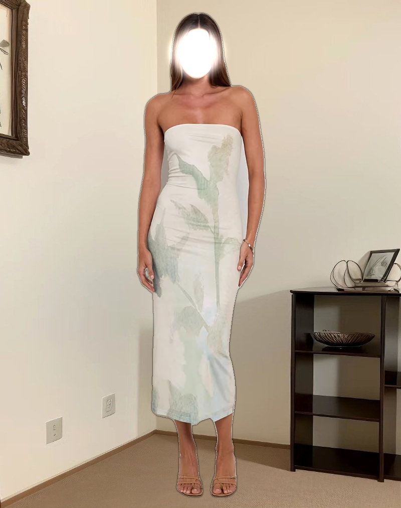 Rosbandi Bandeau Midi Dress in Abstract Painted Flower Blue