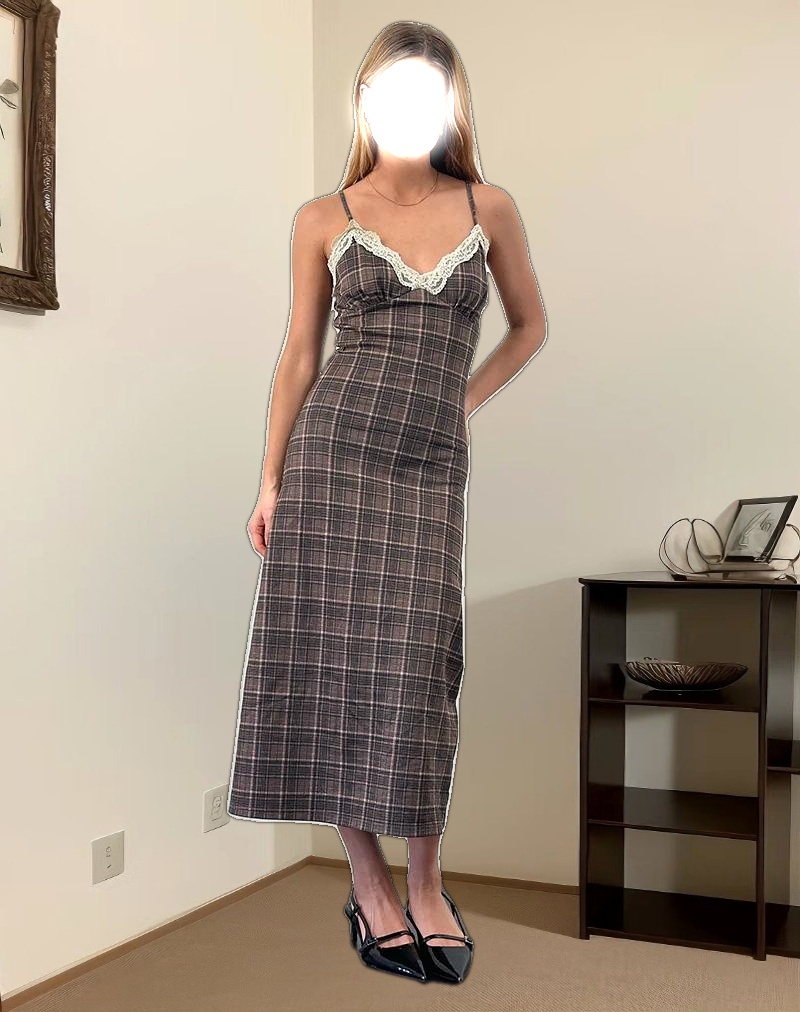 Delfina Midi Dress in Lace Brown Check