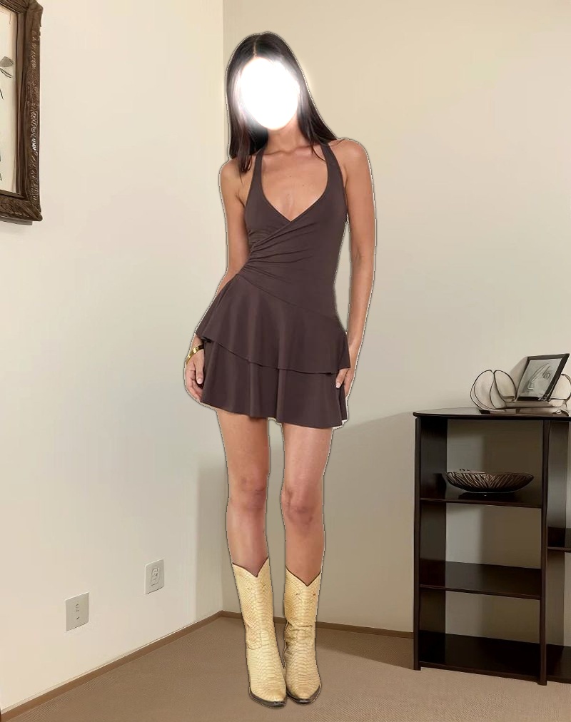Semary Halterneck Wrap Mini Dress in Bitter Chocolate