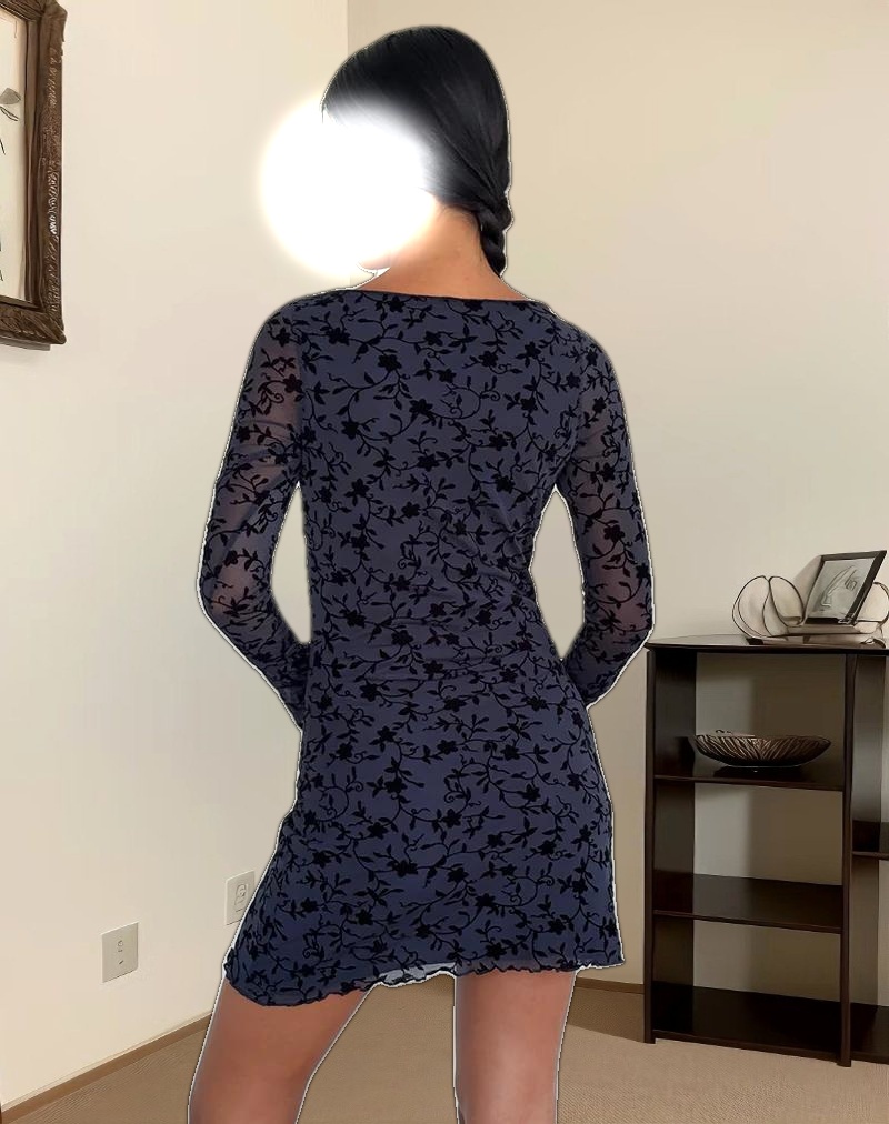 Sevila Long Sleeve Mini Dress in Flocked Petal Navy
