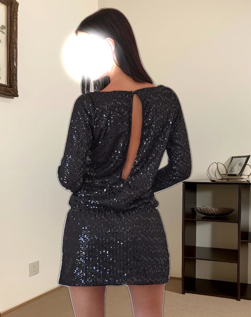 Jasilia Long Sleeve Mini Dress in Gauzy Sequin Black