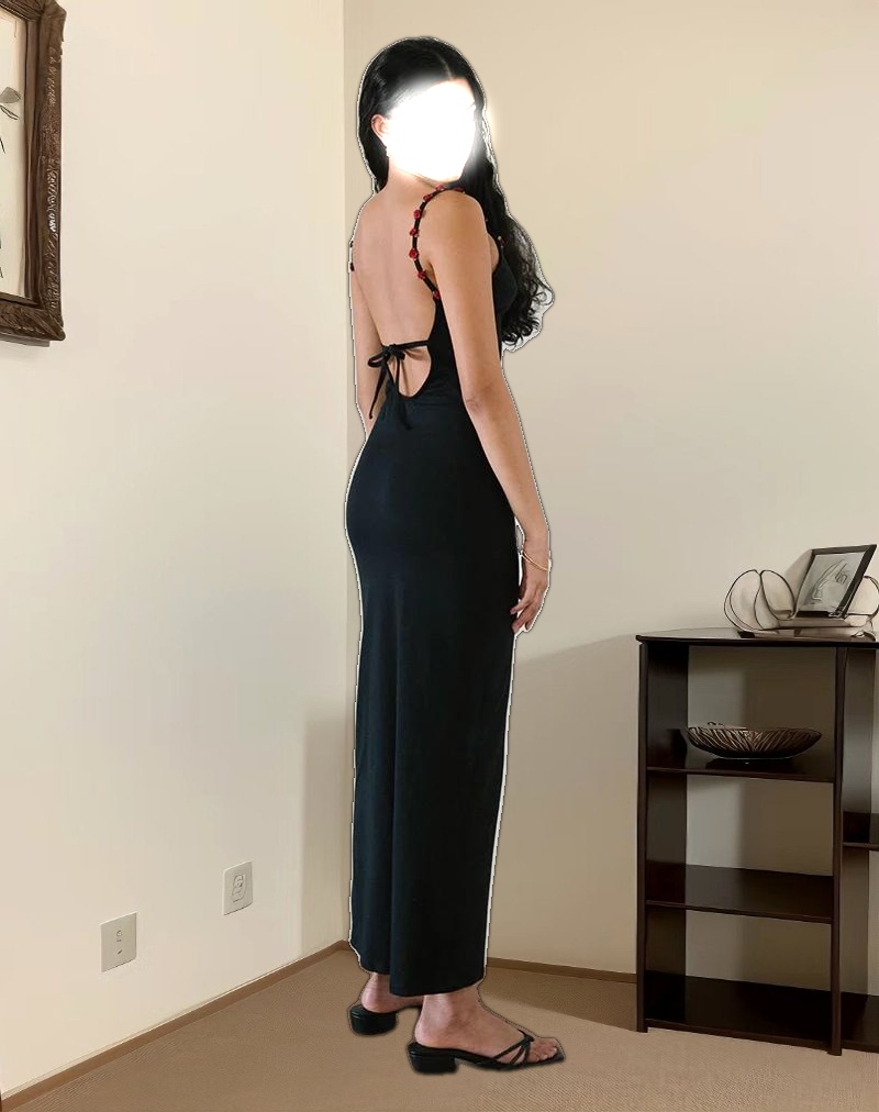 Cantana Maxi Dress in Black with Red Rosette