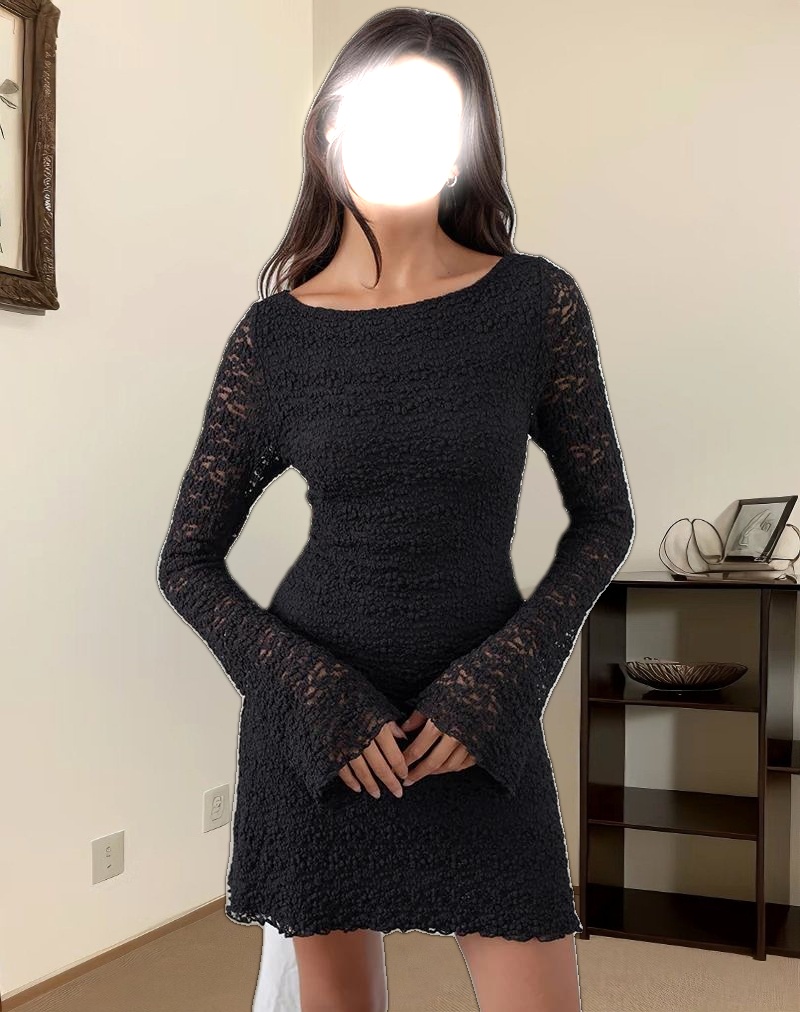 Sevila Long Sleeve Mini Dress in Bubble Black Lace