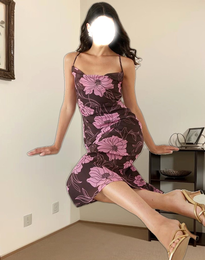 Rujira Cowl Midi Dress in Flare Floral Pink Brown