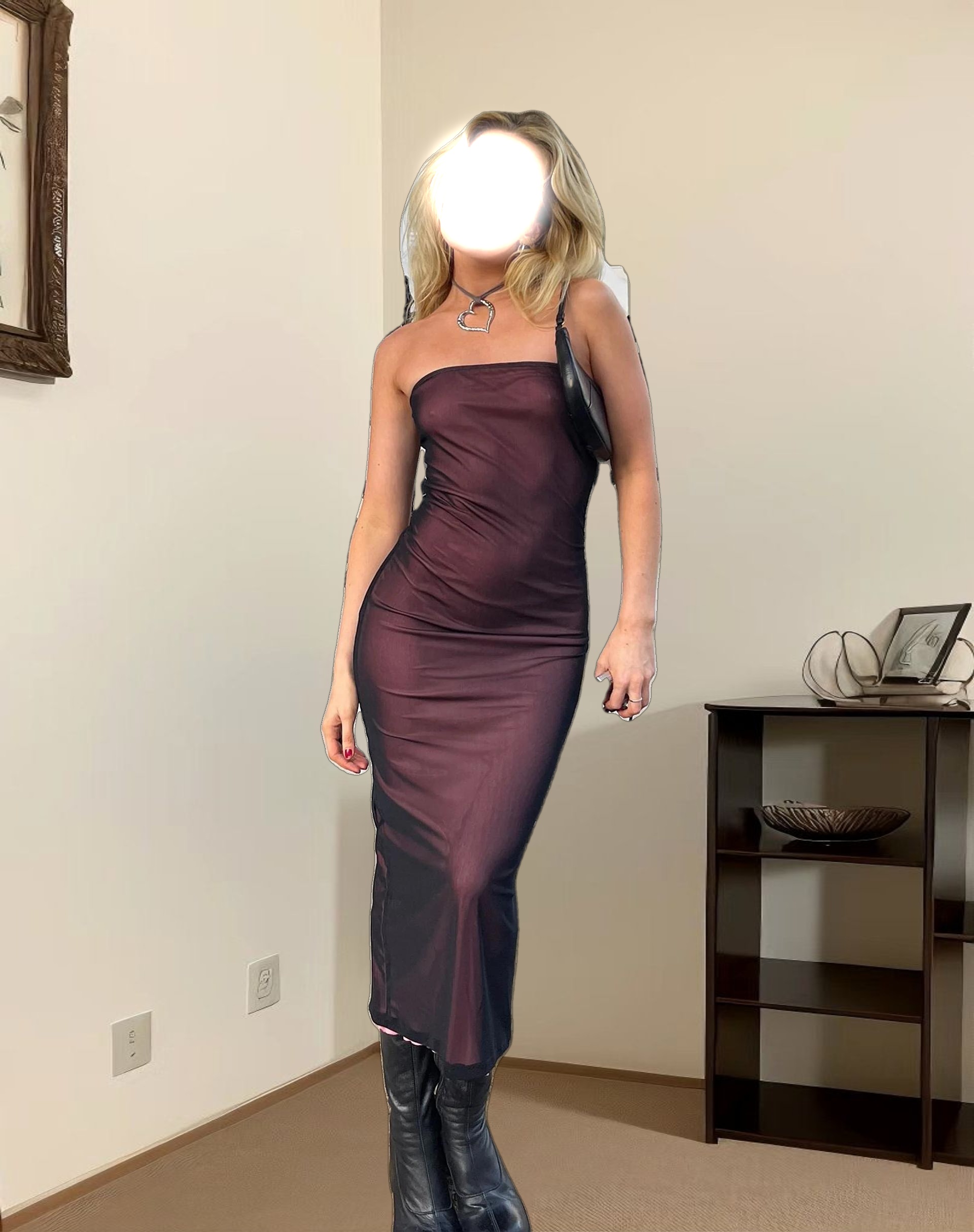 Rosbandi Bandeau Midi Dress in Black Pink Lining