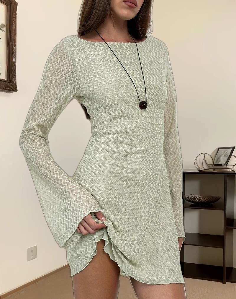 Sevila Long Sleeve Mini Dress in Mesh Sage Mini ZigZag