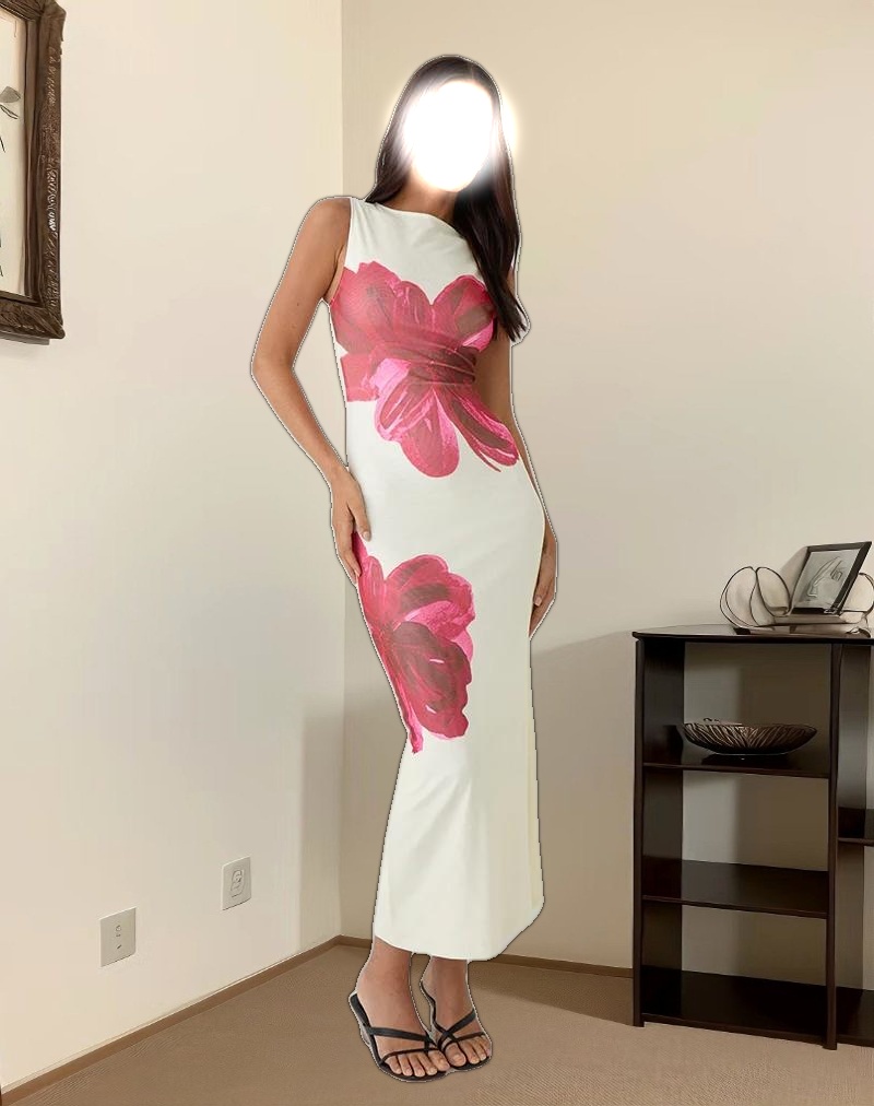 Fayola Printed Maxi Dress in Cream with Red Watercolour Flower