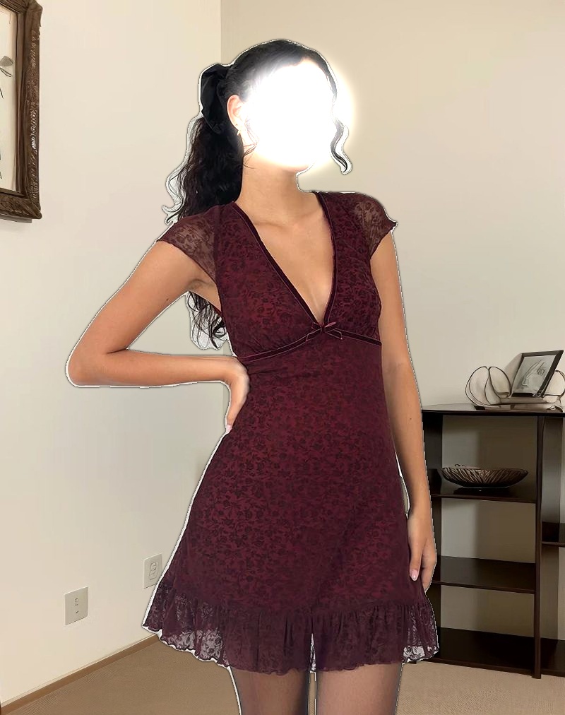 Melva Mini Dress in Ditsy Flock Burnt Maroon