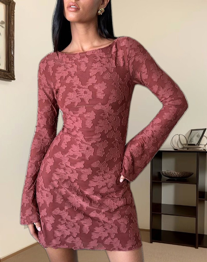 Sevila Dress in Maroon Burnout Mesh