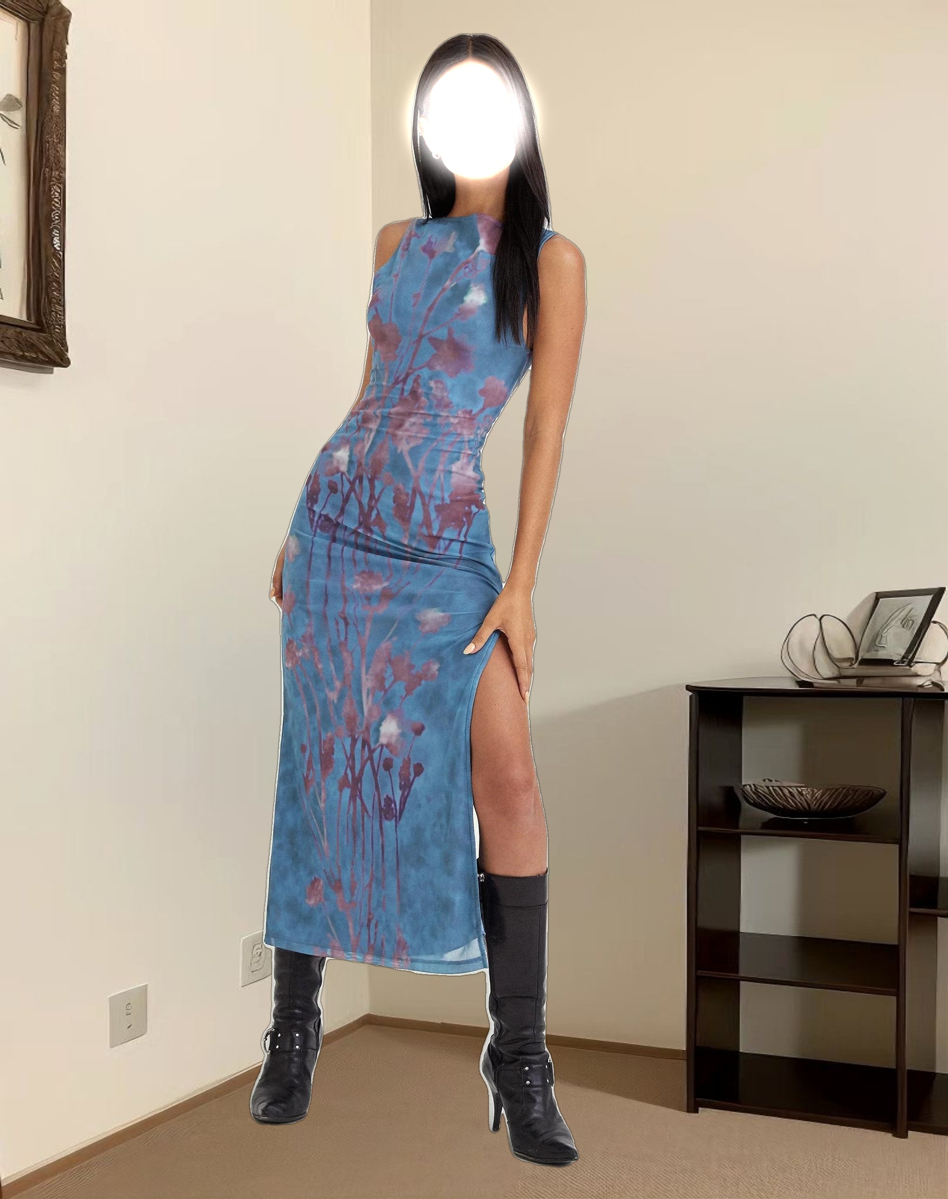 MOTEL X JACQUIE Flo Midi Dress in Lumen Mesh Blue