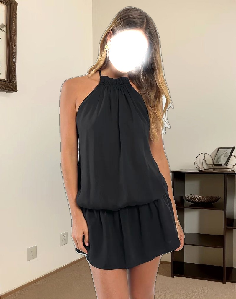 Veloria Halterneck Mini Dress in Black Chiffon with Lining