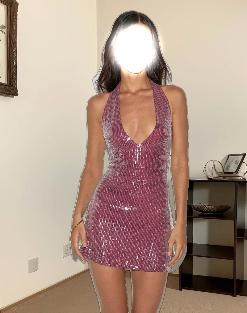 Hepasi Halter Mini Dress in Clear Sequin Maroon
