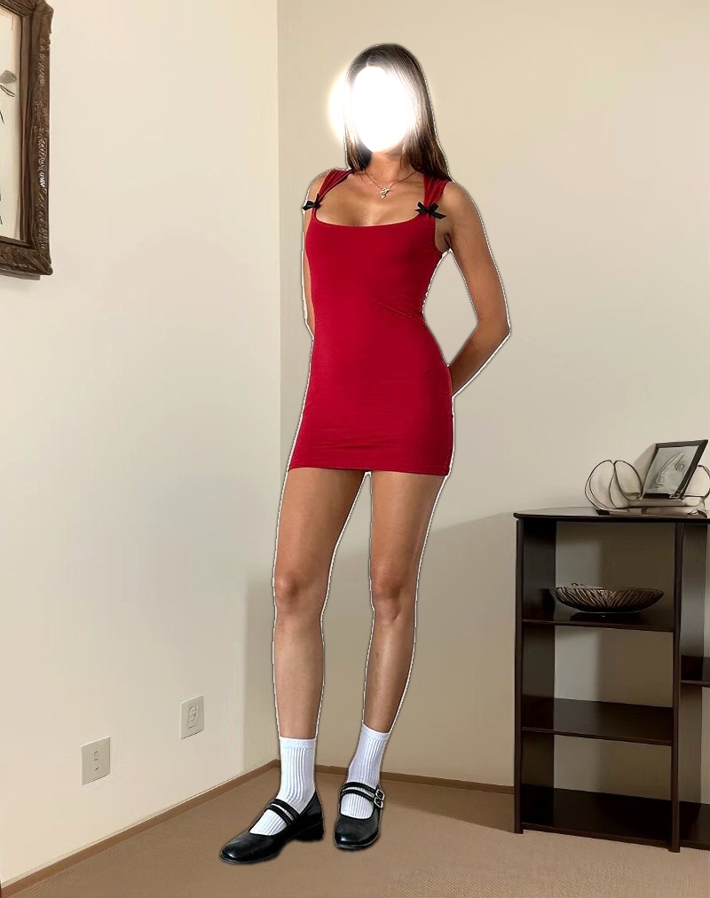 Jinsuni Mini Dress in Adrenaline Red with Black Bows