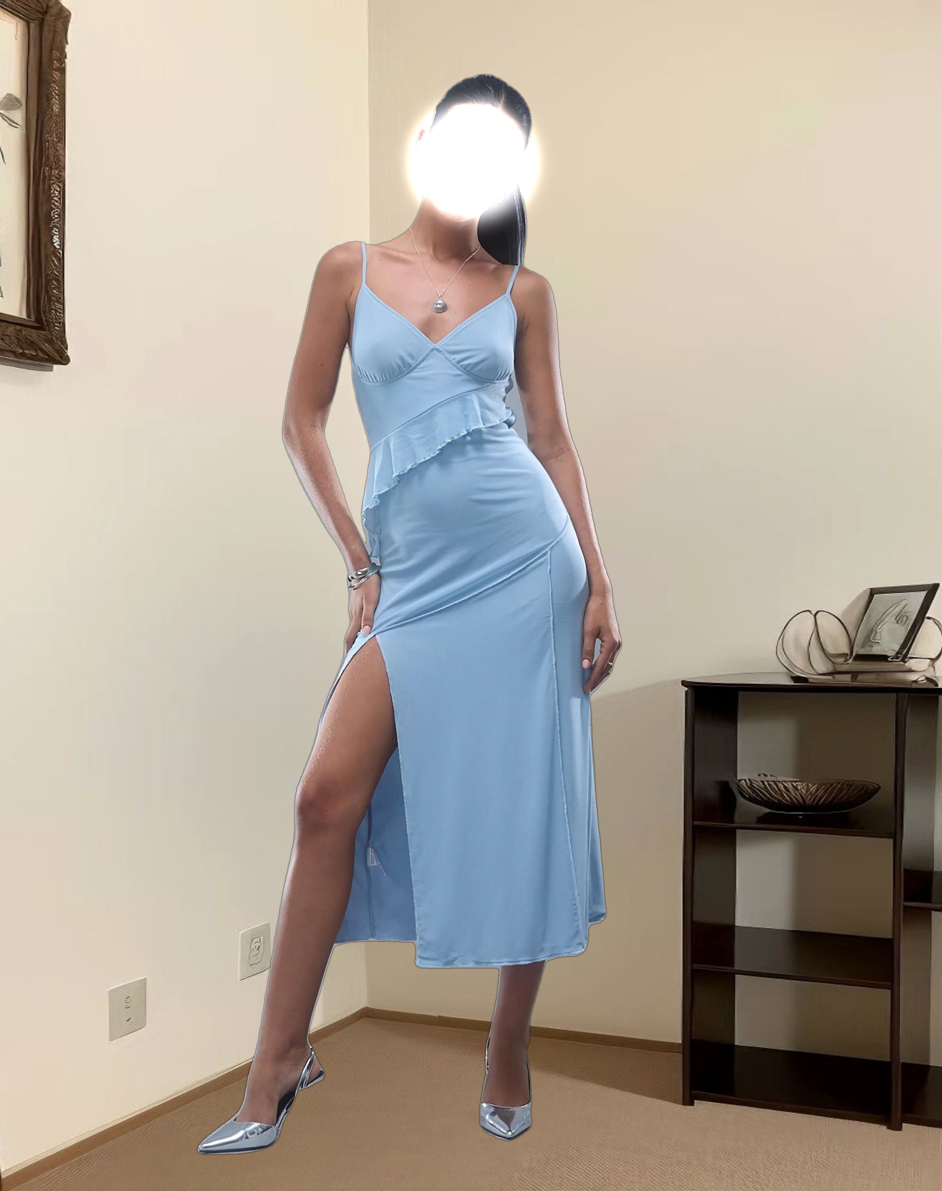 Jacy Ruffle Midi Dress in Mesh Blue