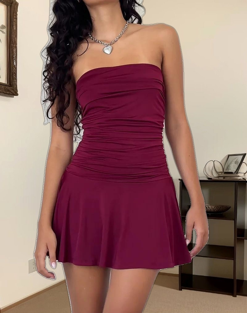 Yasmin Bandeau Mini Slinky Dress in Burgundy