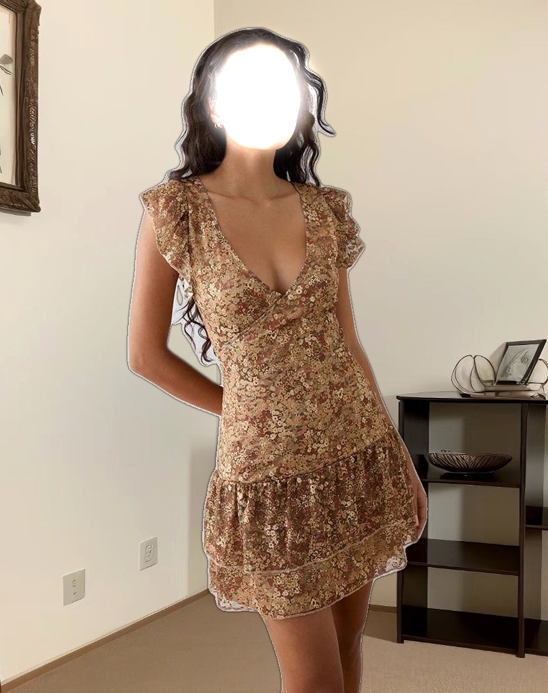 Lotri Wrap Mini Dress in Cluster Floral Brown