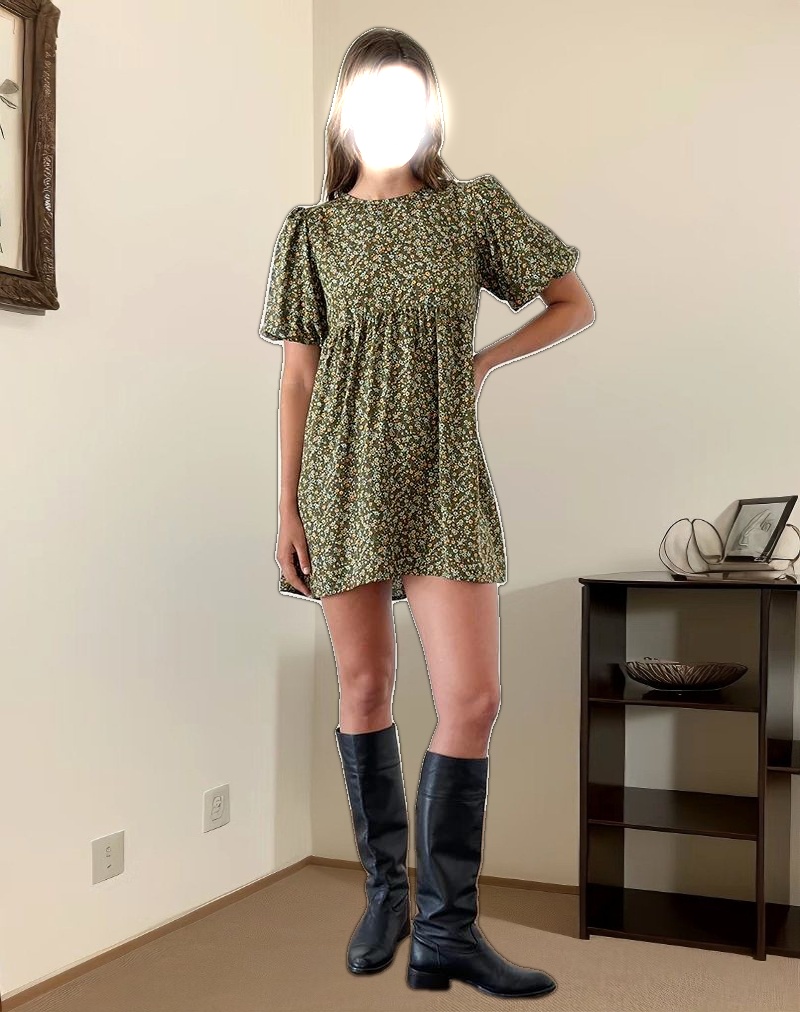 Marate Puff Sleeve Mini Dress in Grunge Floral Khaki