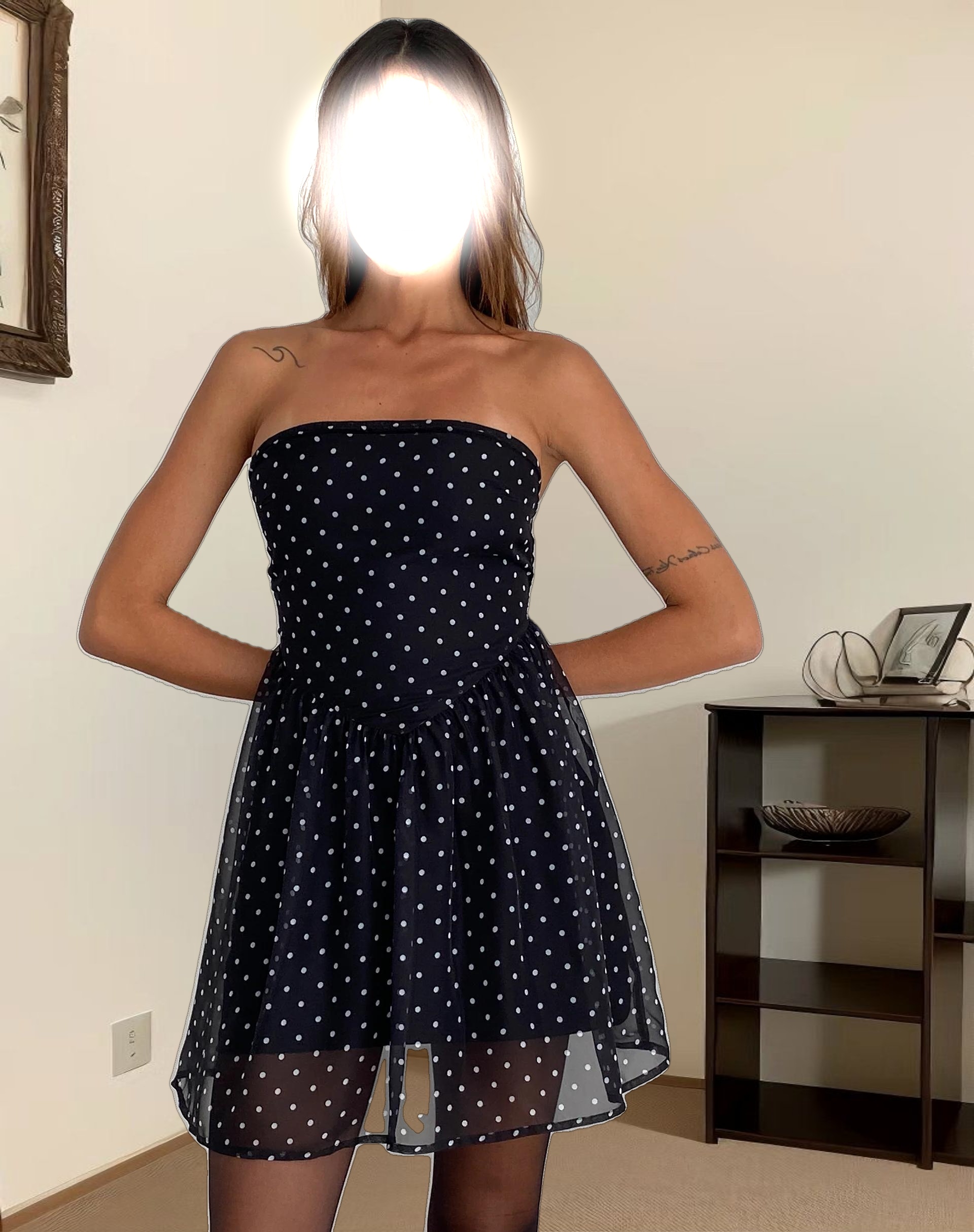 Murni Bandeau Mini Dress in Polka Black Chiffon