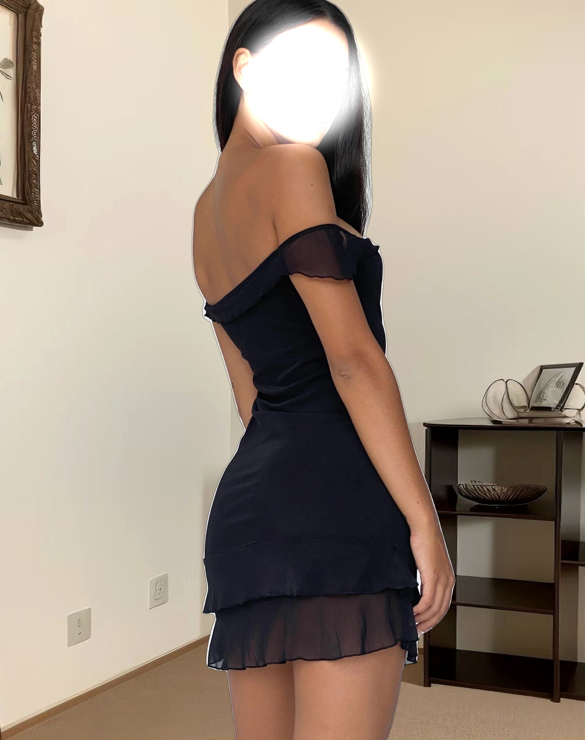 Valory Bardot Mini Dress in Black Mesh