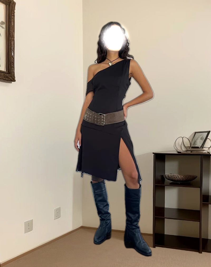 Carissa One Shoulder Chiffon Midi Dress in Black