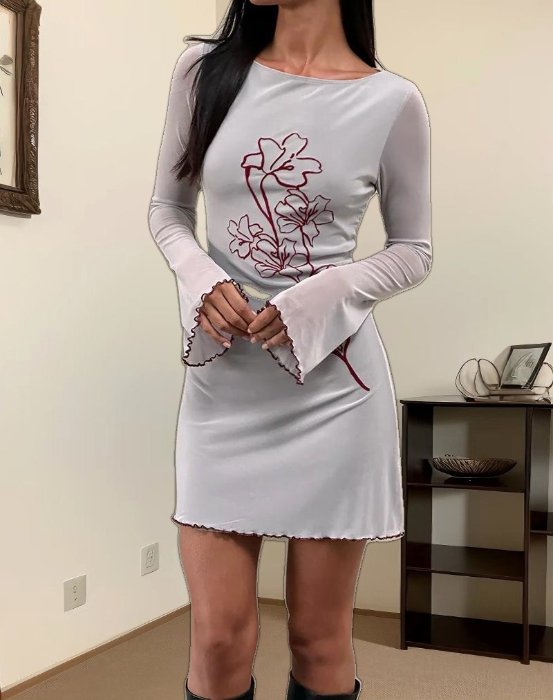 Satoli Mini Dress in Mono Flower Flock Pale Grey