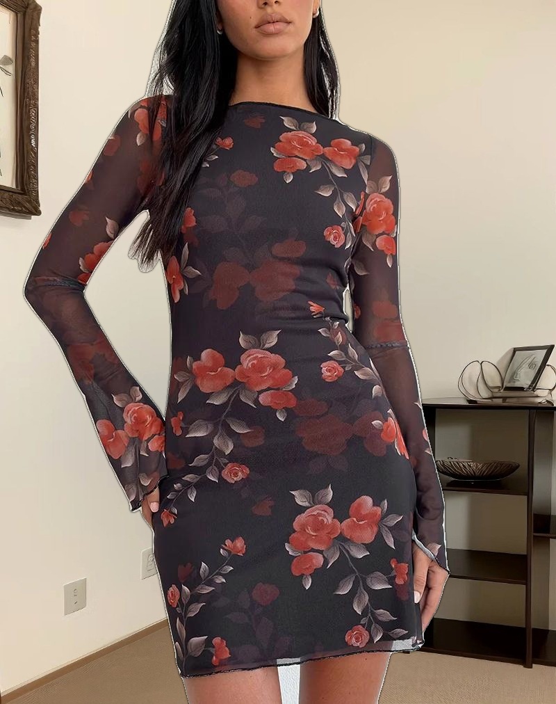 Sevila Long Sleeve Mini Dress in Black Watercolour Rose