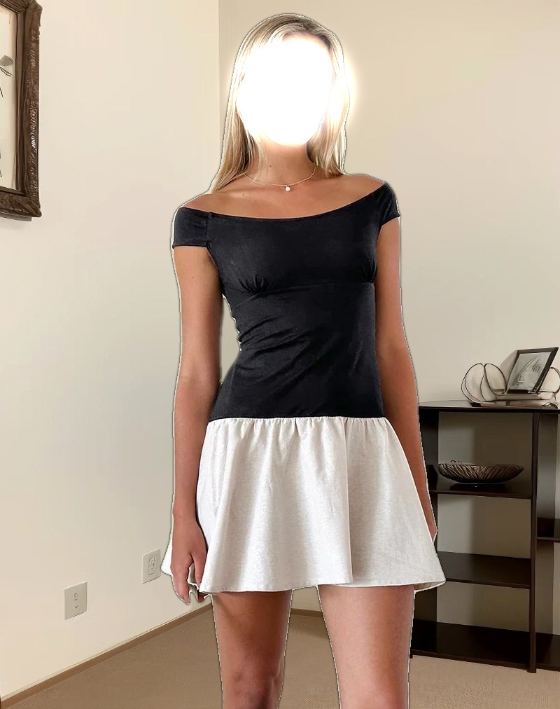 Yael Mini Dress in Lycra Linen Black and Ecru