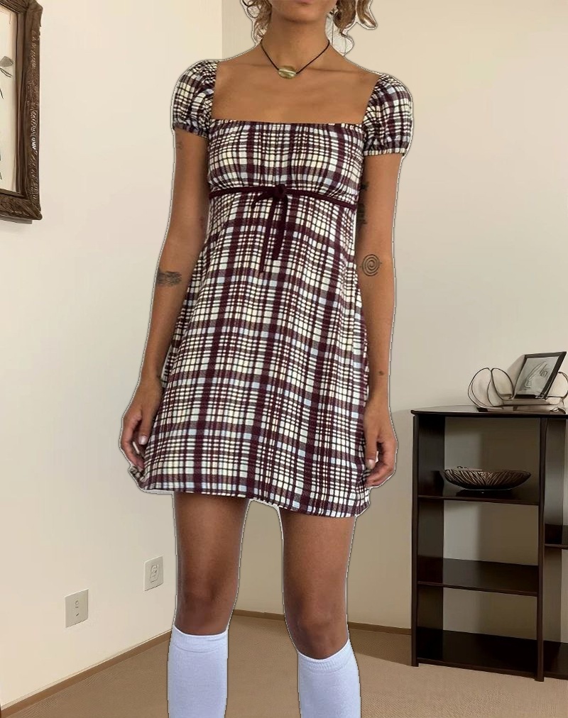 Savio Mini Dress in Multi Check Brown