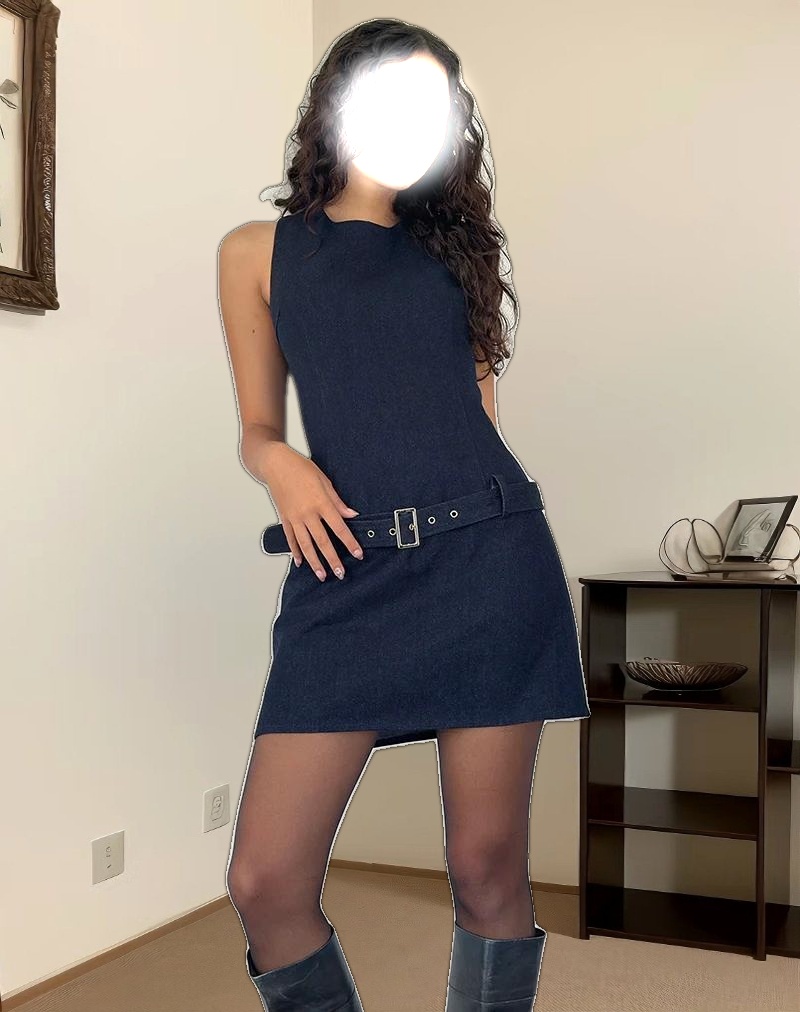 Dilshan Belted Mini Dress in Chambray Indigo