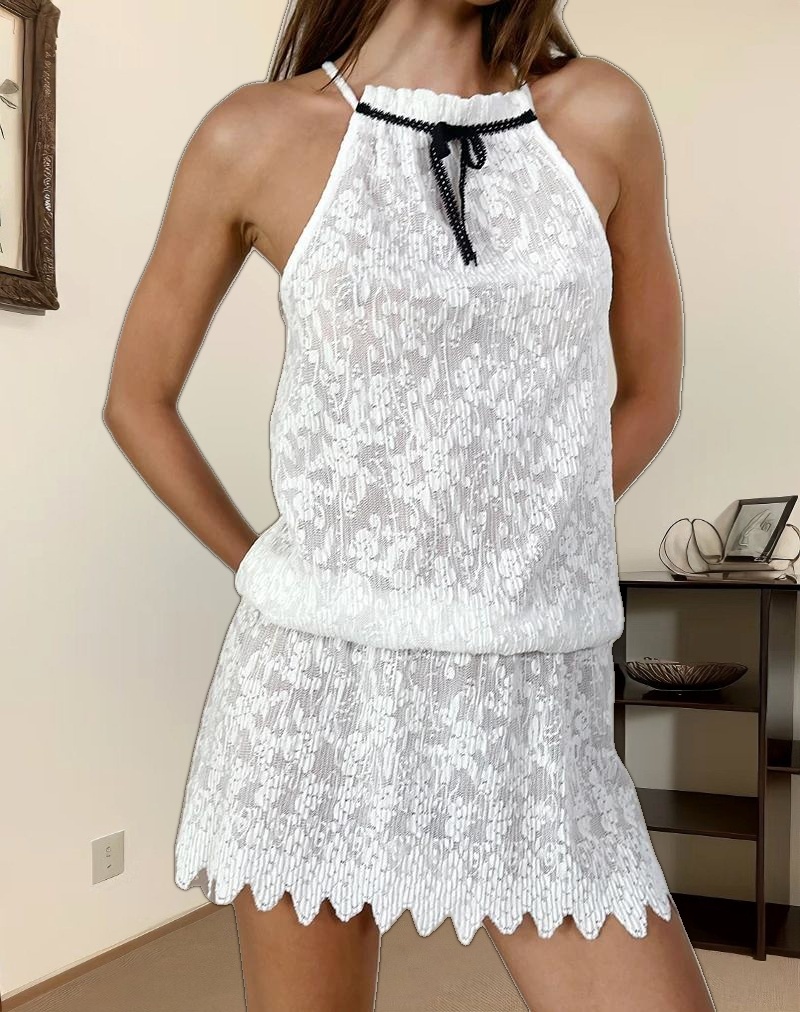 Gladia Halter Neck Mini Dress in Unlined Lace White