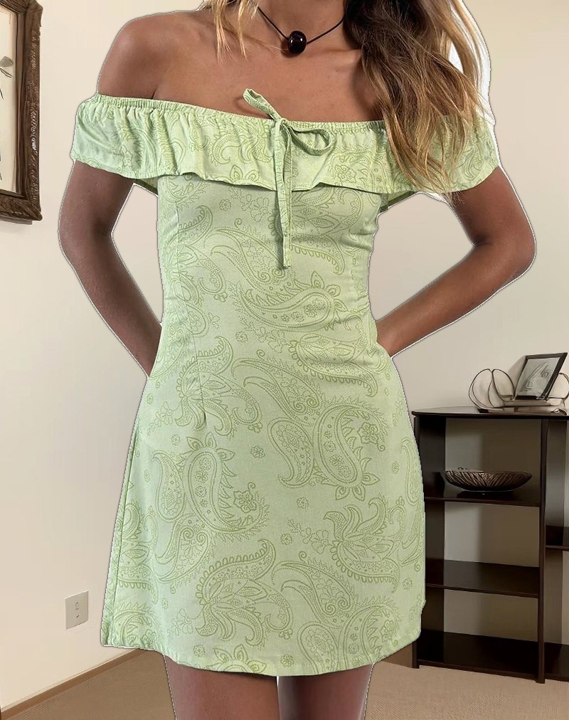 Kenja Bardot Mini Dress in Retro Paisley Lime