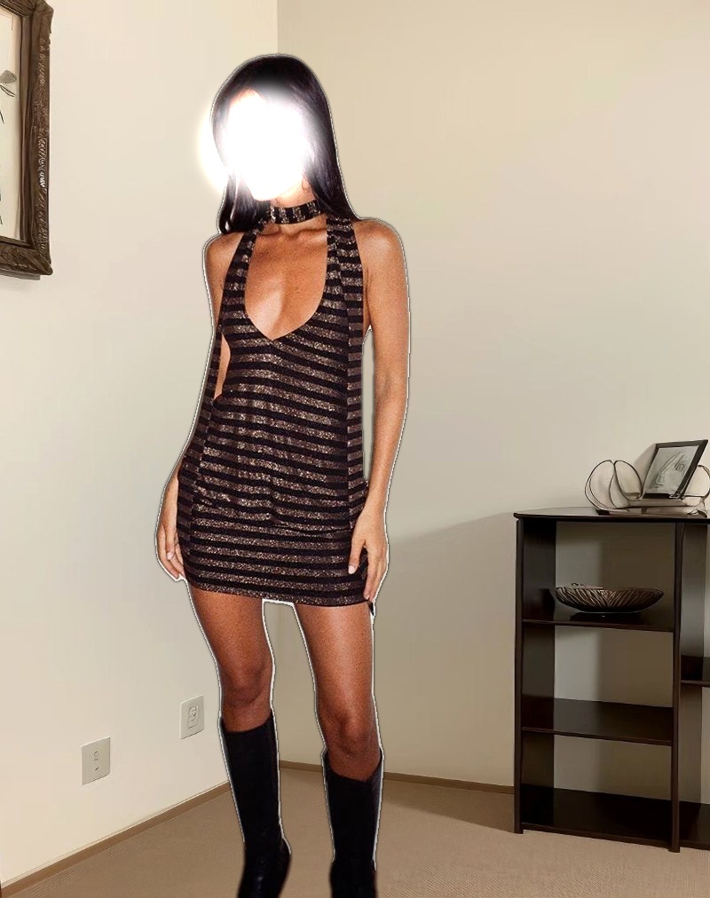 Daphnis Backless Halterneck Mini Dress in Lurex Gold Stripe