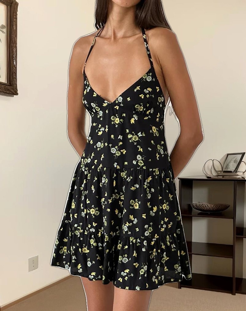 Siskana Mini Dress in Lemon and Lime Black