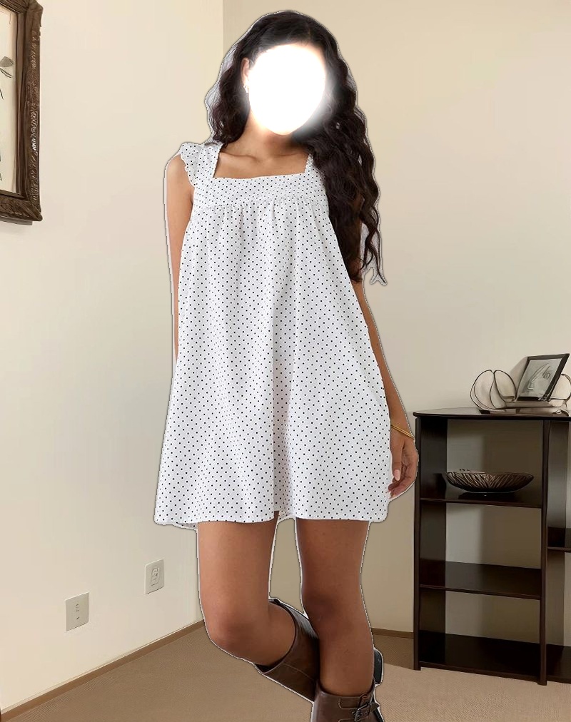 Sanaly Mini Dress in White with Black Micro Polka