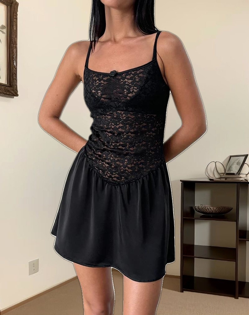 Alunan Slip Dress in Satin Lace Black