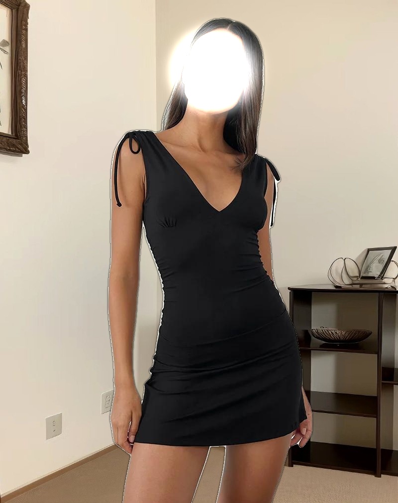 Carmila Gathered Mini Dress in Jersey Black