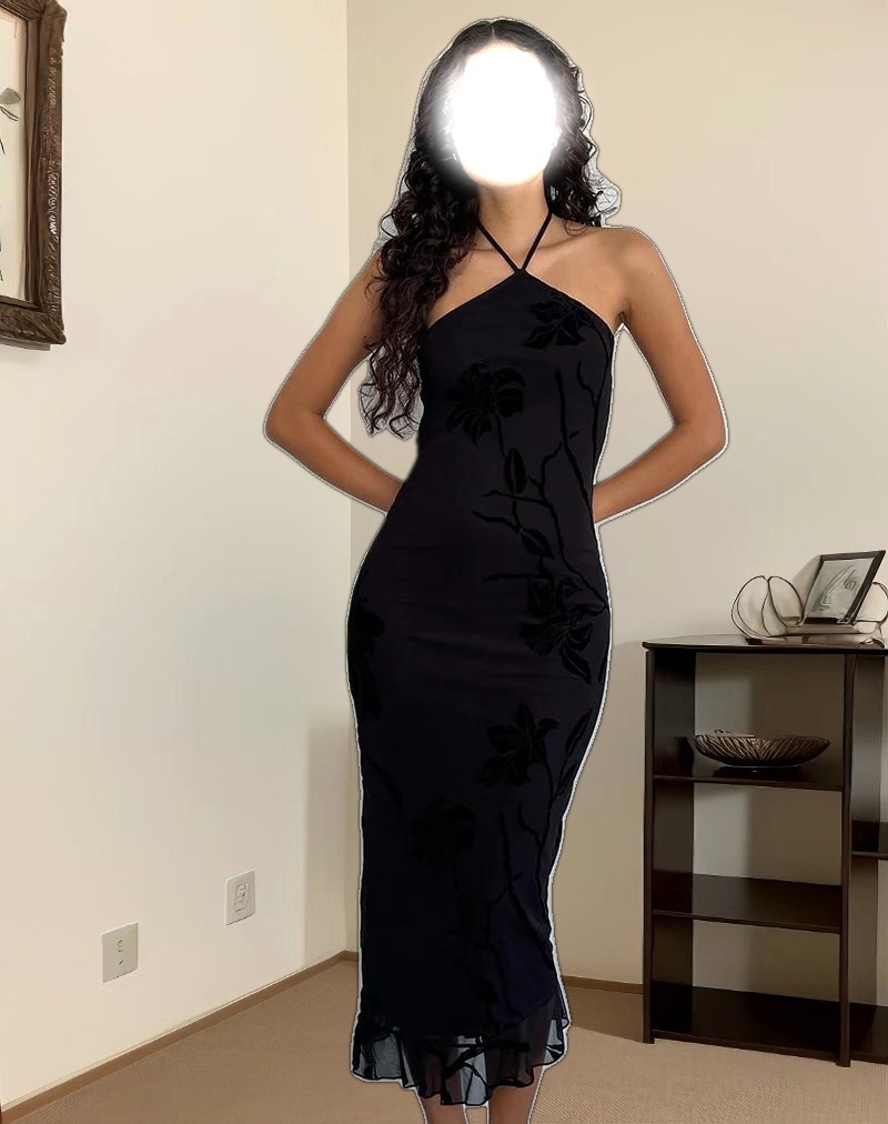 Ribka Halterneck Midi Dress in Orchids Flock Black